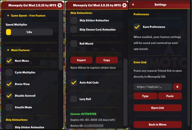 Interface Mogo Mys avec les fonctionnalités de prédiction Monopoly Go